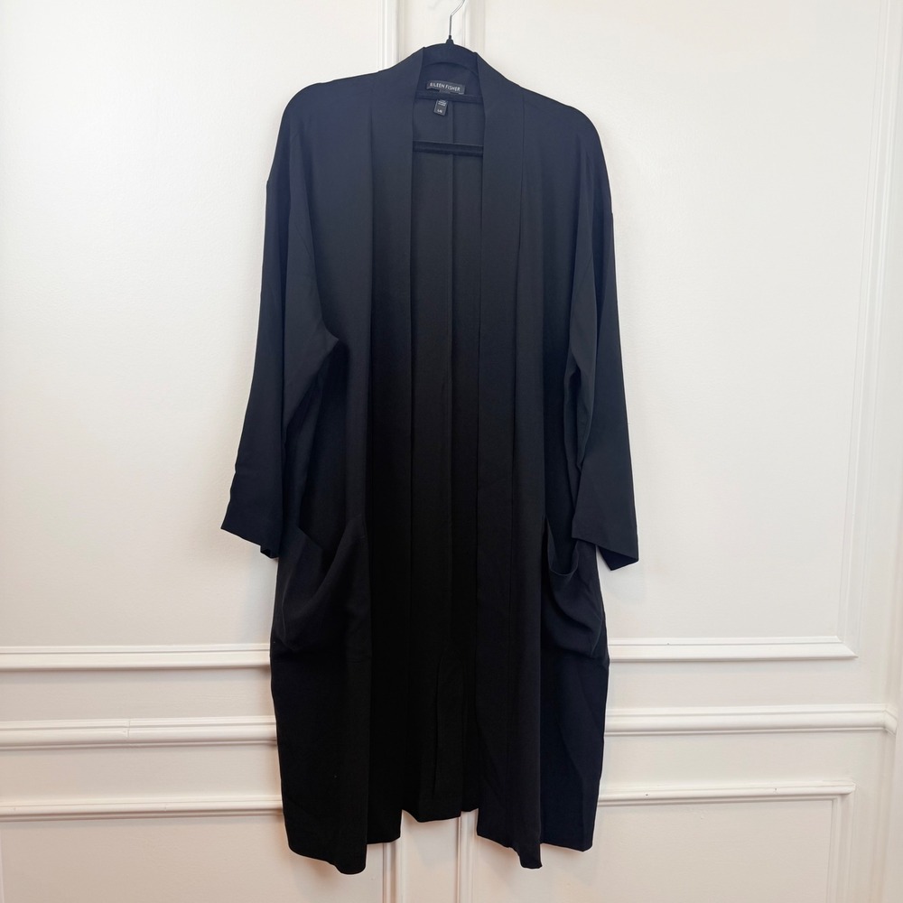 Eileen Fisher Silk Georgette Long Duster Cardigan Black Open Front Pockets L